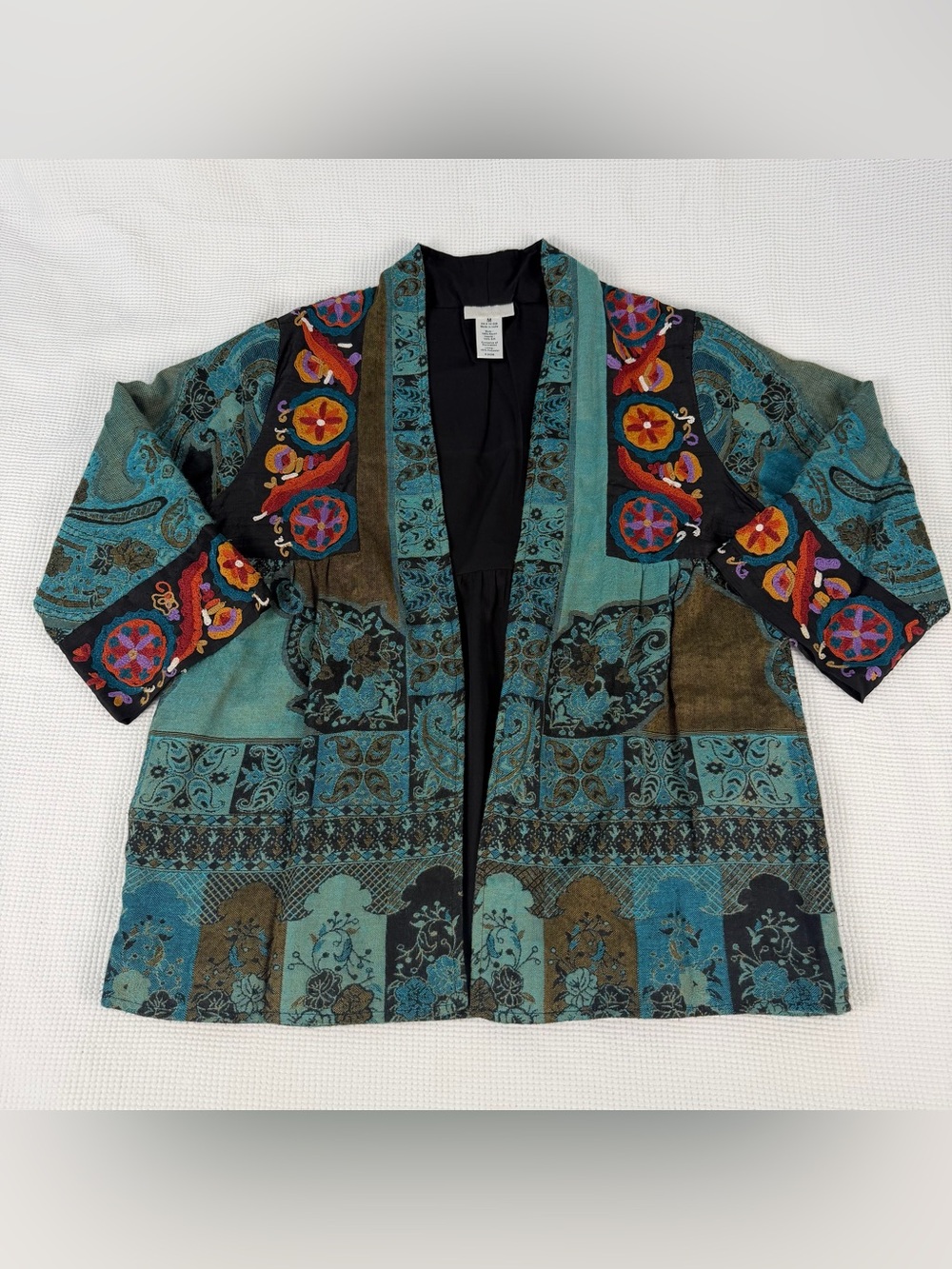 Soft Surroundings Teal Multi Embroidered Open-Front Jacket Womens Medium